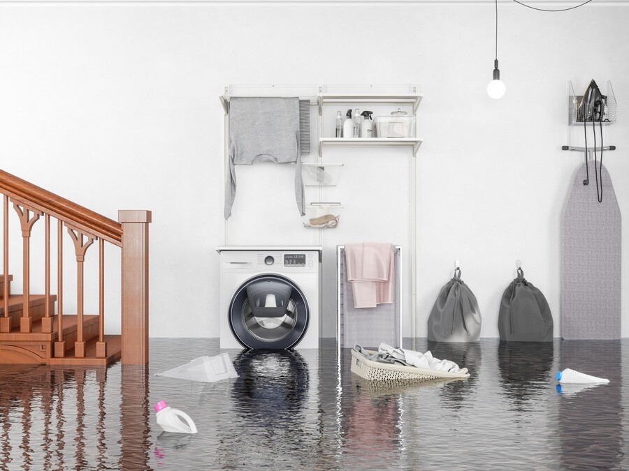 Flooded laundry room with washing machine, stairs, and floating household items after water damage